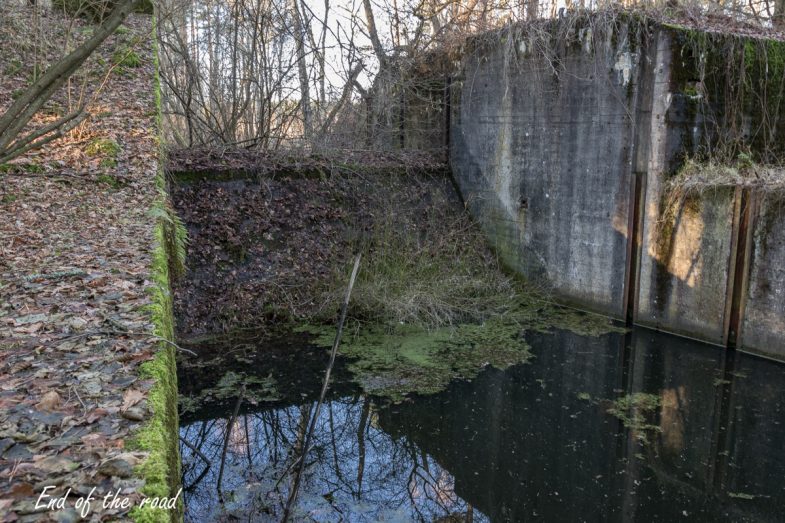 Przelew, po obu stronach znajdują się gniazda na szandory. Nieco poniżej po prawej stronie kadru widoczne dwie prowadnice, w których zamontowana była specjalna osłona chroniąca wylot kanału spustowego, uniemożliwiająca wnikanie do wnętrza przedmiotów, zwierząt mogących zakłócić działanie jazu, podobne prowadnice znajdują się od strony wlotu do kanału spustowego, po stronie wysokiej wody.